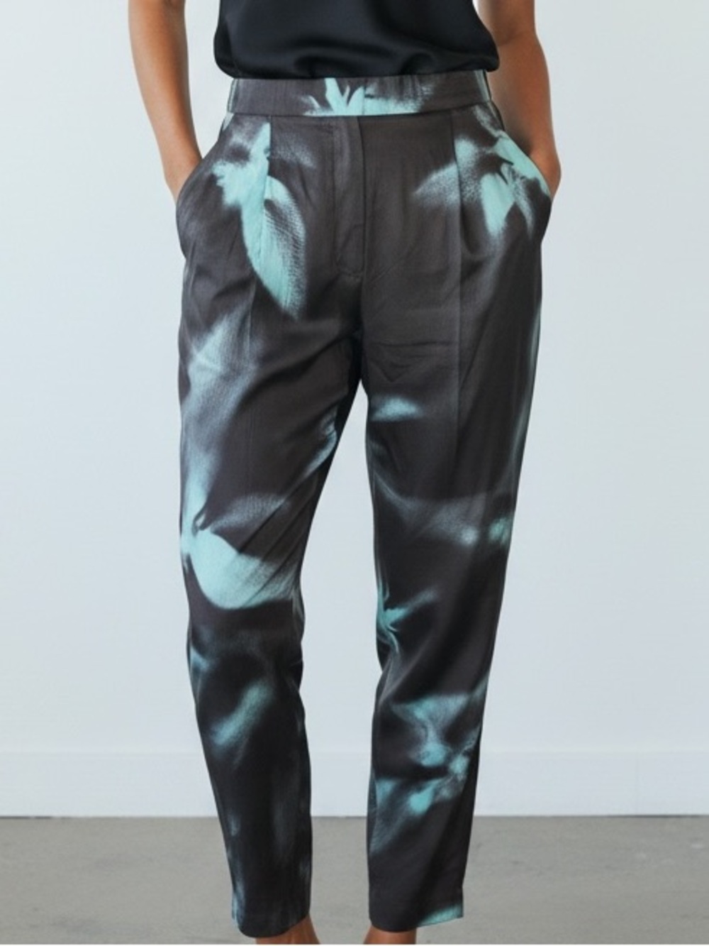 3.1 Phillip Lim Silk Abstract Print Pleated Tapered with draped pockets.